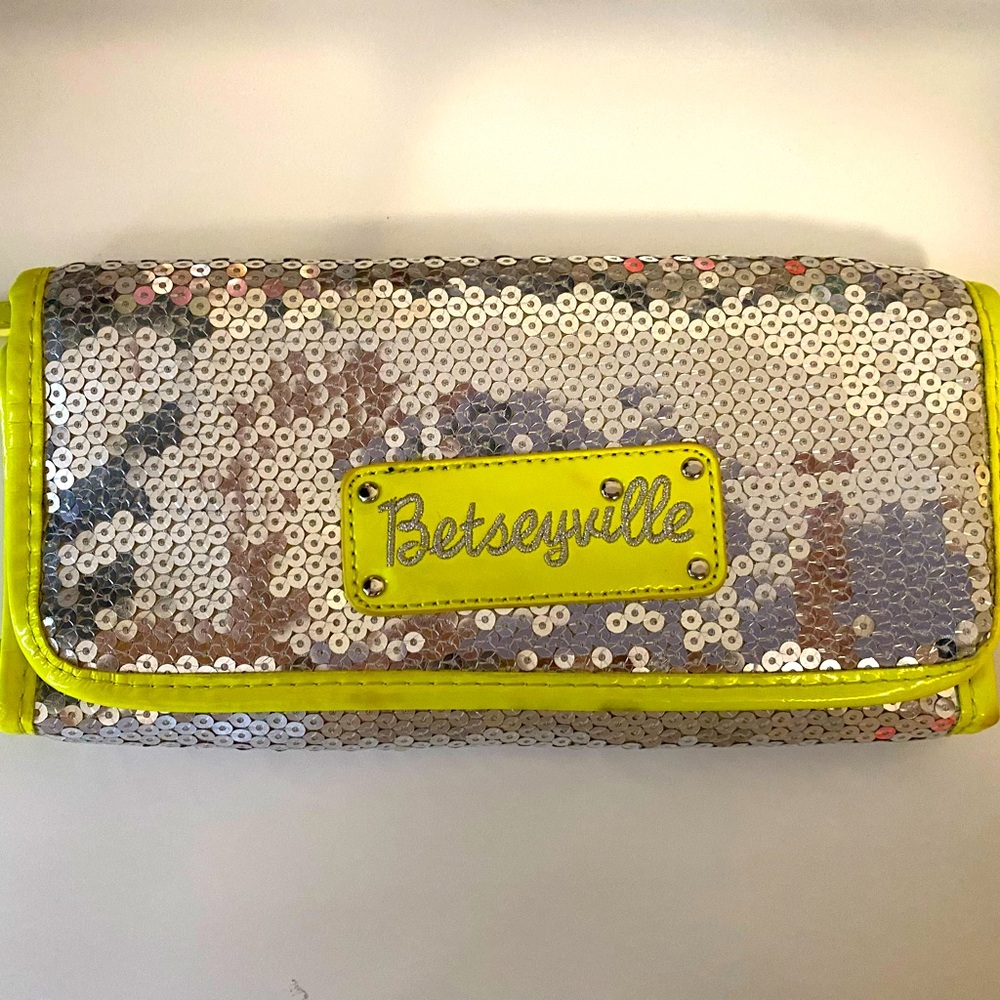 Betsey Johnson Betseyville Silver Sequin Cosmetic Bag